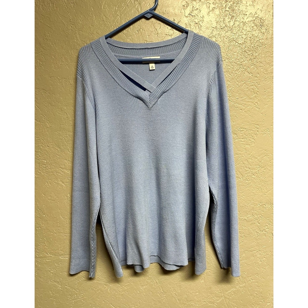 Kim Rogers Curvy Women's Blue Rib-Knit V-Neck Pullover Sweater Plus 2X
